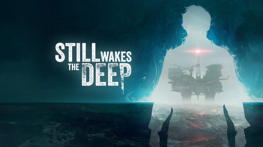 Key art for Still Wakes the Deep. A dark and stormy sea is intercut by the silhouette of a person, through which a ghostly oil rig can be seen.