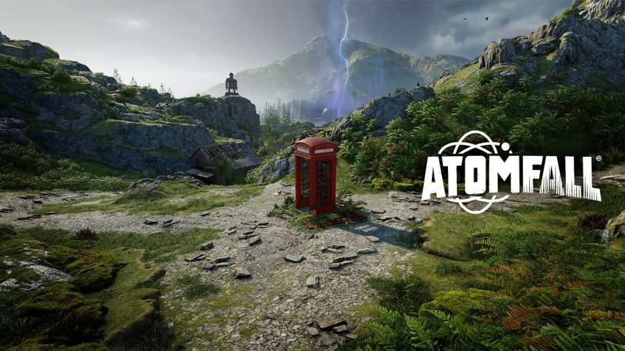 the key art for Atomfall. a british countryside scene with a red phone box sitting in the middle. on the horizon there's a weird purple haze.
