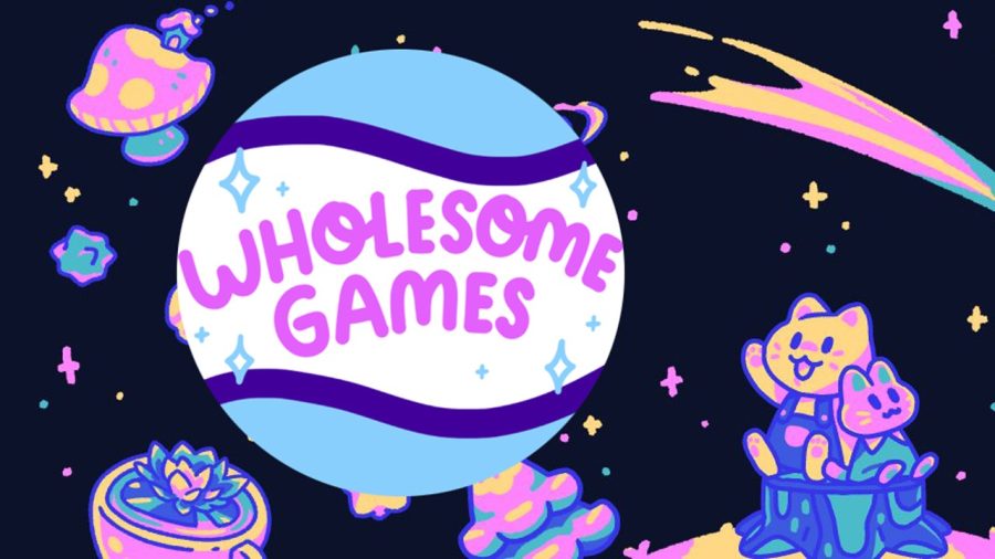 The wholesome games logo on a dark blue background