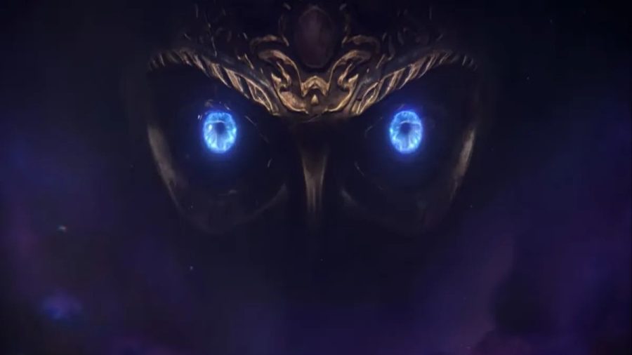 a looming mask with bright blue eyes glares out of a dark purple mist