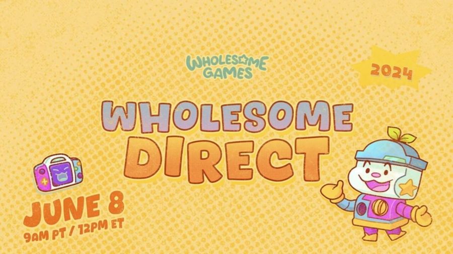 the wholesome direct banner, it is bright yellow and has a happy little robot