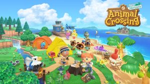 A promotional image for Animal Crossing New Horizons. Many characters are gathered doing various activities like sunbathing, camping, crafting, and more.