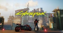 key art from cyberpunk 2077 showing Night City in the background and a player character standing next to a red motorbike in the foreground, with the Cyberpunk 2077 logo across the screen