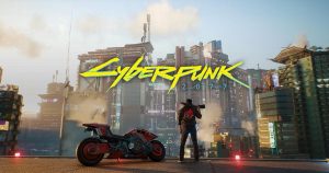 key art from cyberpunk 2077 showing Night City in the background and a player character standing next to a red motorbike in the foreground, with the Cyberpunk 2077 logo across the screen