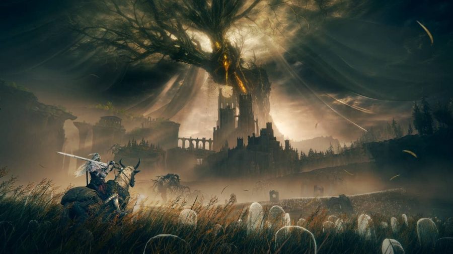 key art for shadow of the erdtree showing the erdtree in the distance with a golden glow