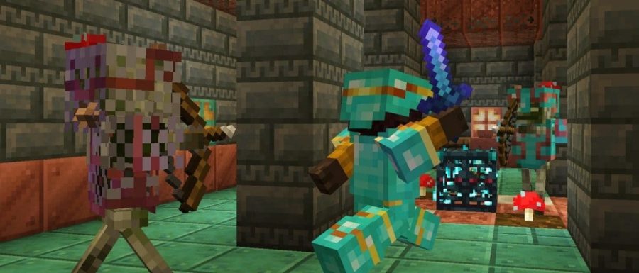 a minecraft player taking on some bogged enemies in a trail chamber in tricky Trials