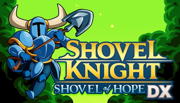 key art for shovel knight: shovel of hope DX. it's very green. on the left side of the image stands a cartoon version of Shovel Knight. The game's title takes up most of the bottom right of the image.