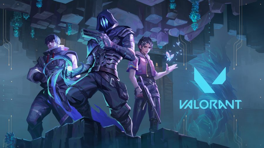 Key art for the game Valorant. Three operatives stand to the right of the screen whole the Valorant logo dominates the right side.