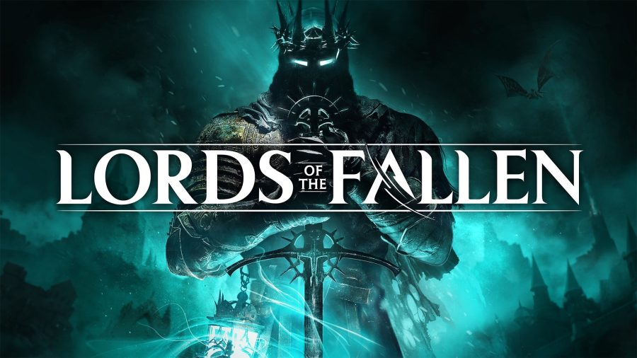 Key art for Lords of the Fallen - an ominous figure clutches a sword in the background, with the title of the game in large white font in the forefront of the image.