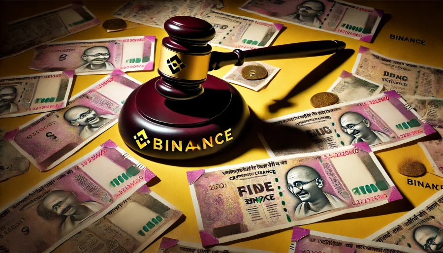 A large, imposing gavel casting a shadow over a pile of Indian Rupee banknotes and the Binance logo, symbolizing the financial penalty imposed on the cryptocurrency exchange by Indian regulators.