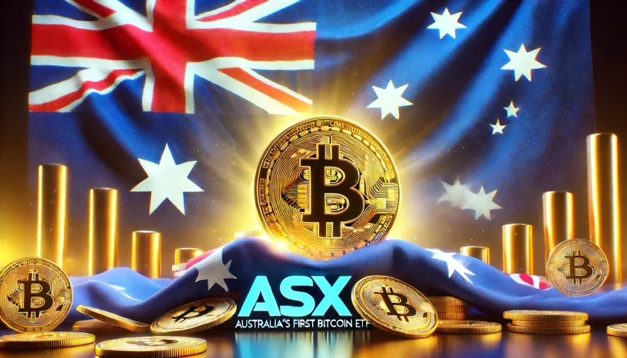A golden Bitcoin symbol emerging from the Australian flag, with the ASX logo and VanEck logo in the background, symbolizing the arrival of Australia's first spot Bitcoin ETF.