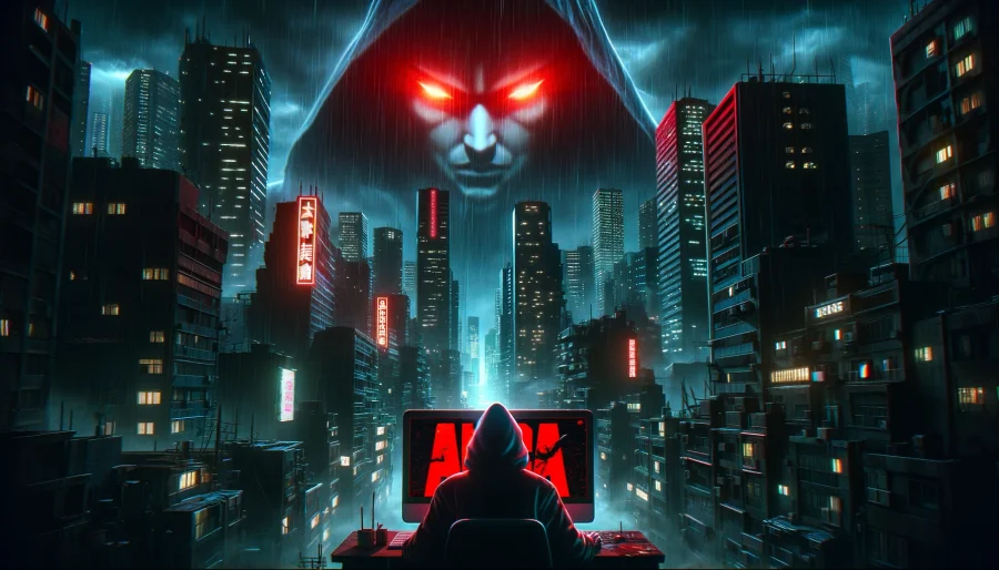 A dark, ominous cityscape with a large, glowing red "Akira" logo looming over the buildings, casting a sinister shadow. In the foreground, a hooded figure sits at a computer, their face illuminated by the screen's eerie red glow.