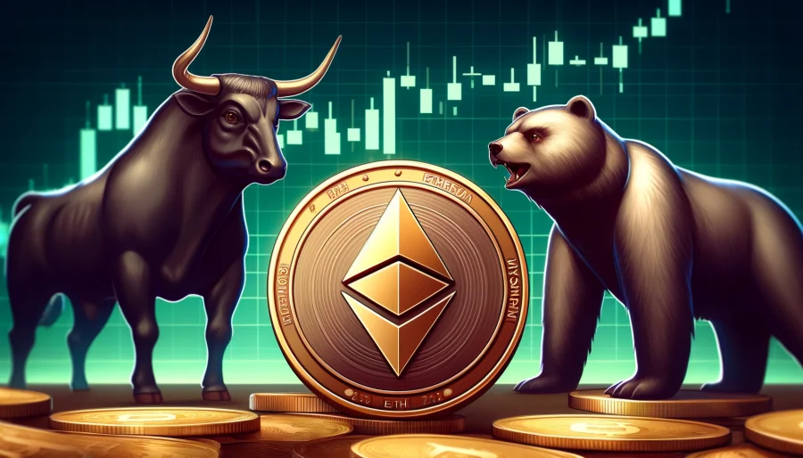 A large, shiny Ethereum coin with the ETH symbol in the foreground, with a bull and bear facing each other on either side of the coin, representing market sentiment. In the background, a stock market graph shows an upward trend, symbolizing the potential price appreciation of ETH.