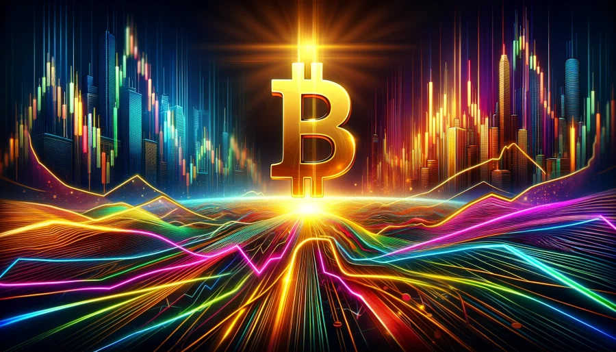 A golden Bitcoin symbol rises from a field of converging, colorful lines representing the 5-day, 30-day, and 50-day simple moving averages, with a glowing breakout point in the distance, set against a futuristic cityscape background.