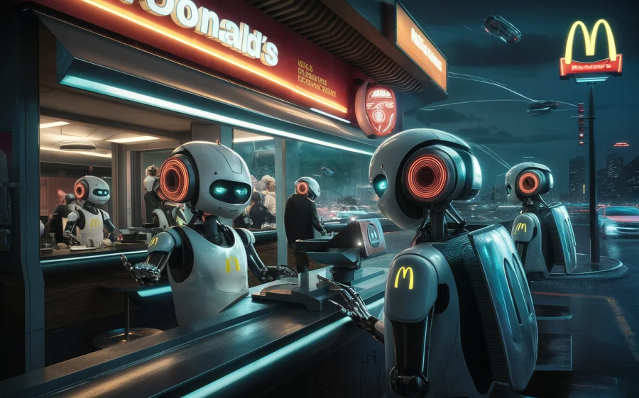A futuristic, cinematic view of a McDonald's drive-thru, where robots are taking voice orders. The restaurant is sleek and modern, with a neon sign and a glowing McDonald's logo. The robots, with their metallic exteriors and glowing eyes, are interacting with customers through a high-tech speaker system. The background shows a bustling cityscape at night, with a few flying cars and a neon-lit skyline.