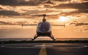Japan flying cars. Car-like helicopter on vertiport