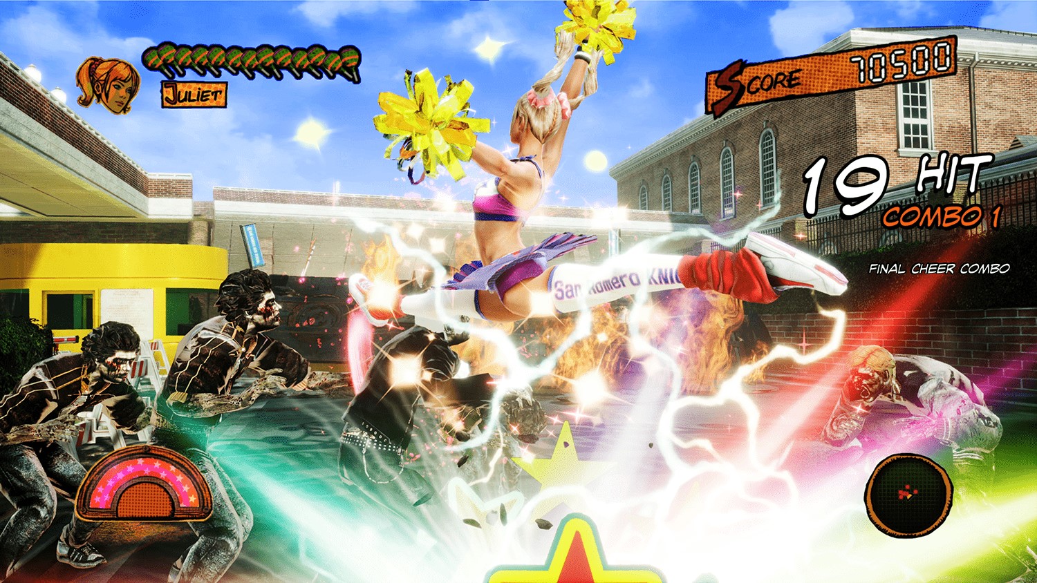 heroine juliet starling leaps into the air with her pom poms twirling as an electrical attack zaps zombies below