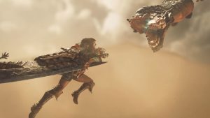 A hunter attacking a monster in Monster Hunter Wilds