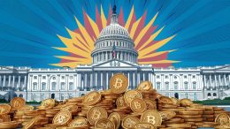 Piles of Bitcoin in front of the US Capitol building, illustration, vibrant