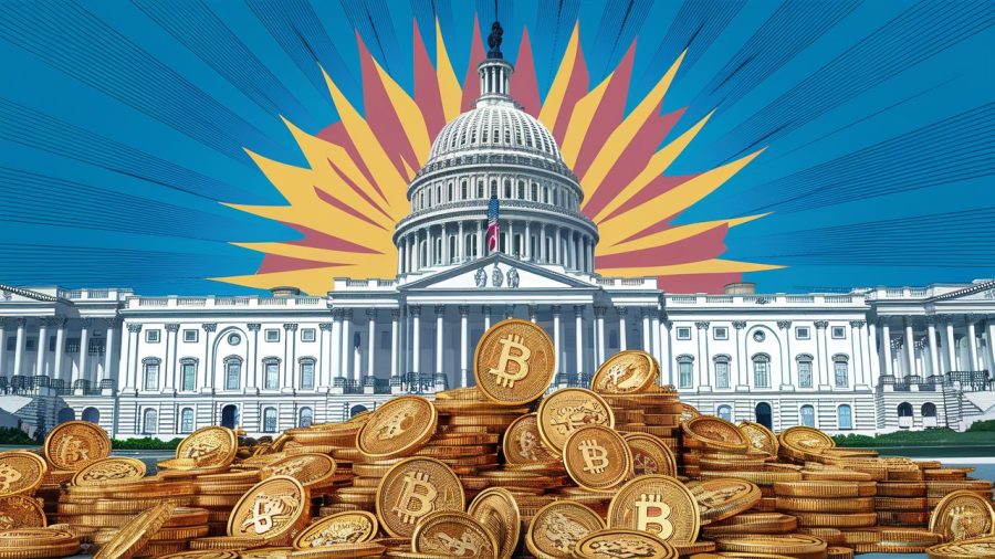 Piles of Bitcoin in front of the US Capitol building, illustration, vibrant