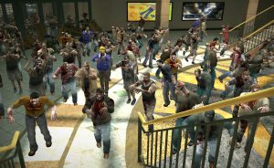 a scene from dead rising, the zombie horde rushes after hero Frank West inside the hellish Willamette shopping mall