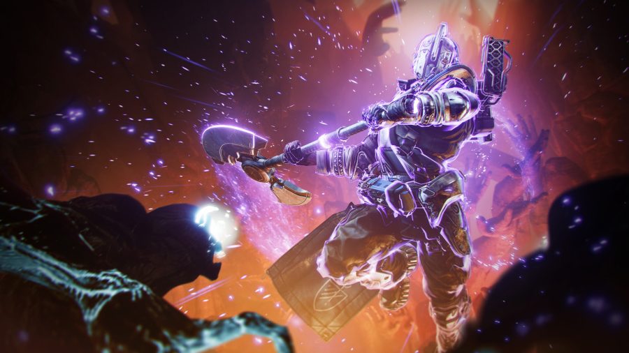 a futuristic-looking, armored space warrior leaps into the air brandishing a battle axe in Destiny 2: The Final Shape