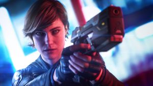 Agent Joanna Dark, hero of Perfect Dark, steadies her weapon in a promotional shot for the sci-fi action shooter coming 2025 from Crystal Dynamics