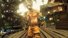a "psycho" npc enemy from Borderlands 3, head enclosed by a facemask, approaches the viewer menacingly, brandishing an improvised baseball bat club