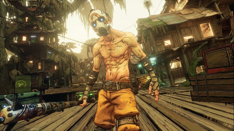 a "psycho" npc enemy from Borderlands 3, head enclosed by a facemask, approaches the viewer menacingly, brandishing an improvised baseball bat club