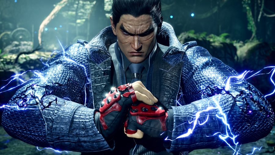 In a scene from Tekken 8, a fighter clasps his hands, with electrical currents rippling around him, as he prepares for a bout