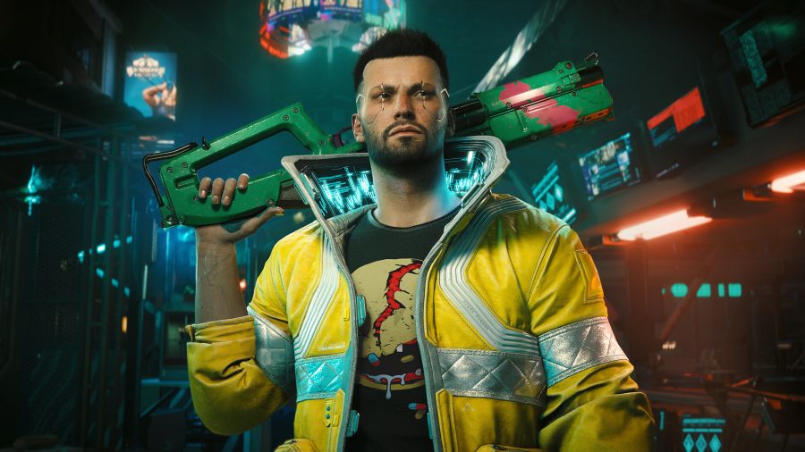 a player character in Cyberpunk 2077 brandishes a shotgun across his shoulders while wearing a yellow, open-collar jacket, black t-shirt, and punk haircut and beard.