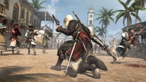 The hero of Assassin's Creed IV: Black Flag crouches in a a village square in the Caribbean, brandishing an old-fashioned flintlock pistol