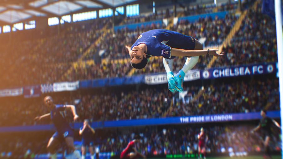 a player celebrates a goal with a backflip, seen midair, in ea sports fc 24