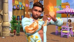 a beautiful man strikes a pose for the in-world dating app of The Sims 4's Lovestruck Expansion