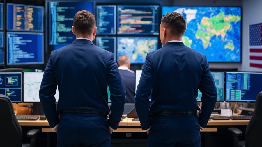 Two suited agents in a control room with hand in pockets face a wall of computer monitors with code, charts, maps and data on them. A US flag is seen on one wall., photo