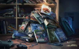 A cluttered and disorganized shelf filled with steam game cases, symbolizing the infamous "Pile of Shame." The pile includes an assortment of game cases, some with colorful artwork and others with plain, generic covers. The background shows a dimly lit room, with a gaming console and controller on the floor, emphasizing the unplayed status of these games. A single game case is visible on top, invitingly glowing with its vibrant cover art.