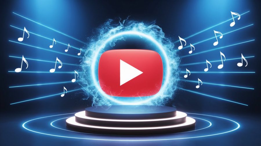 youtube logo with an blue aura of power around it on a stage with musical notes emanating from it, poster, vibrant