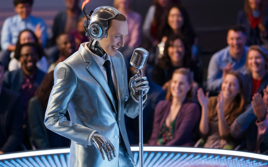AI in comedy. A futuristic stage performance featuring an AI comedian in a sleek metallic suit. The AI, with a vintage microphone in hand, is making the audi ence laugh with a hilarious joke. The background reveals a crowd of diverse people, enjoying the show and reacting with amusement.