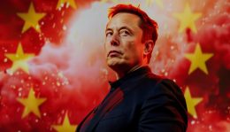 Elon Musk with a red aura around him. The background is filled with European Union flags --ar 7:4