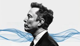 Black and white headshot of Elon Musk's side profile on a background of white with stylised blue lines going across