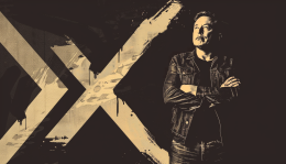Sepia image of Elon Musk on a background of black with a large white "X" behind
