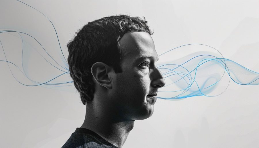 Black and white headshot of mark Zuckerberg's side profile on a background of white with stylised blue lines going across