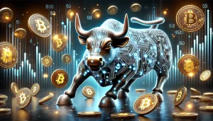 A digital wall street bull statue glowing with circuit board patterns, surrounded by falling and rising Bitcoin symbols