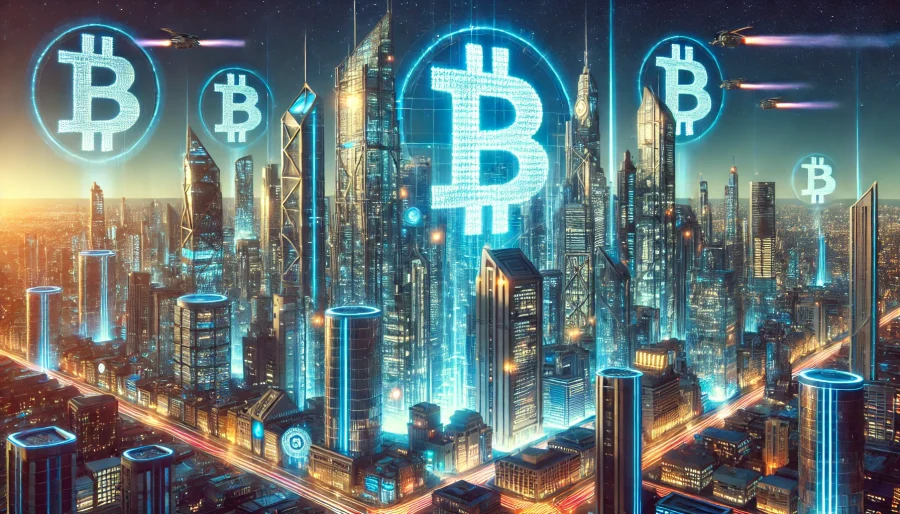 A futuristic cityscape with Bitcoin symbols floating above skyscrapers