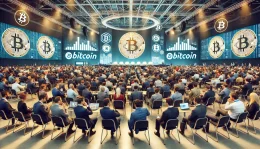 A large conference hall with Bitcoin logos and banners, filled with attendees in business attire
