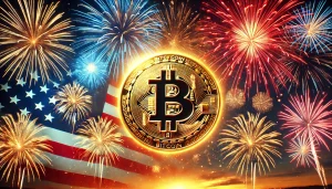 A dramatic Bitcoin symbol rising against a backdrop of red, white, and blue fireworks