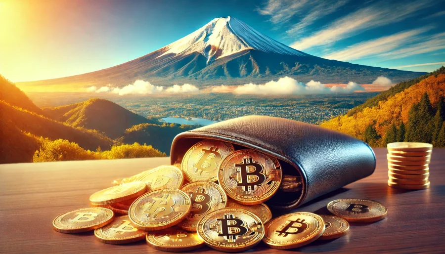 A digital wallet overflowing with golden Bitcoin coins against a backdrop of Mount Fuji
