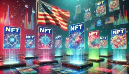 Digital landscape with NFT cards floating in a virtual space, American flag waving in the background