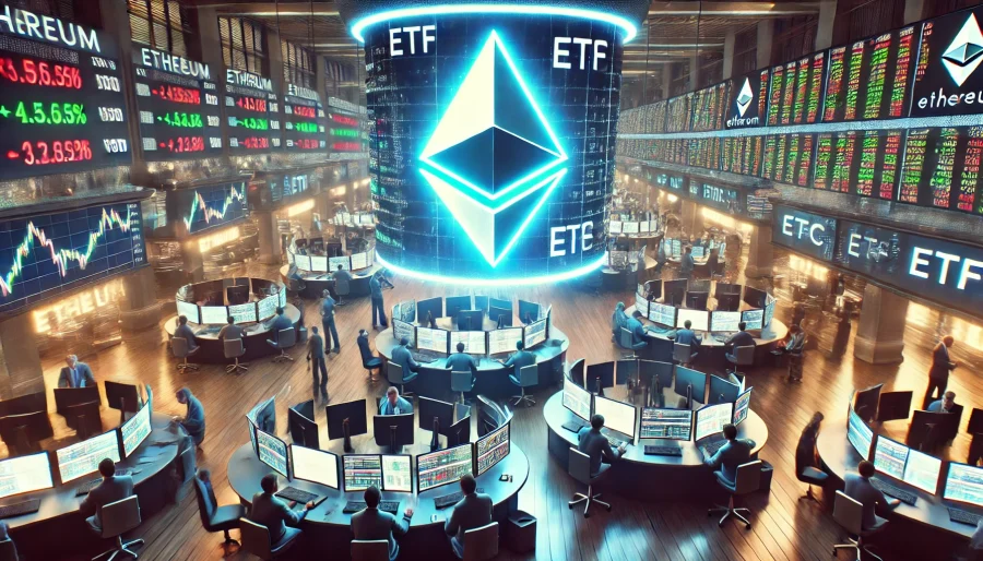 Ethereum logo hovering over a stock exchange trading floor, with digital tickers and screens displaying ETF information
