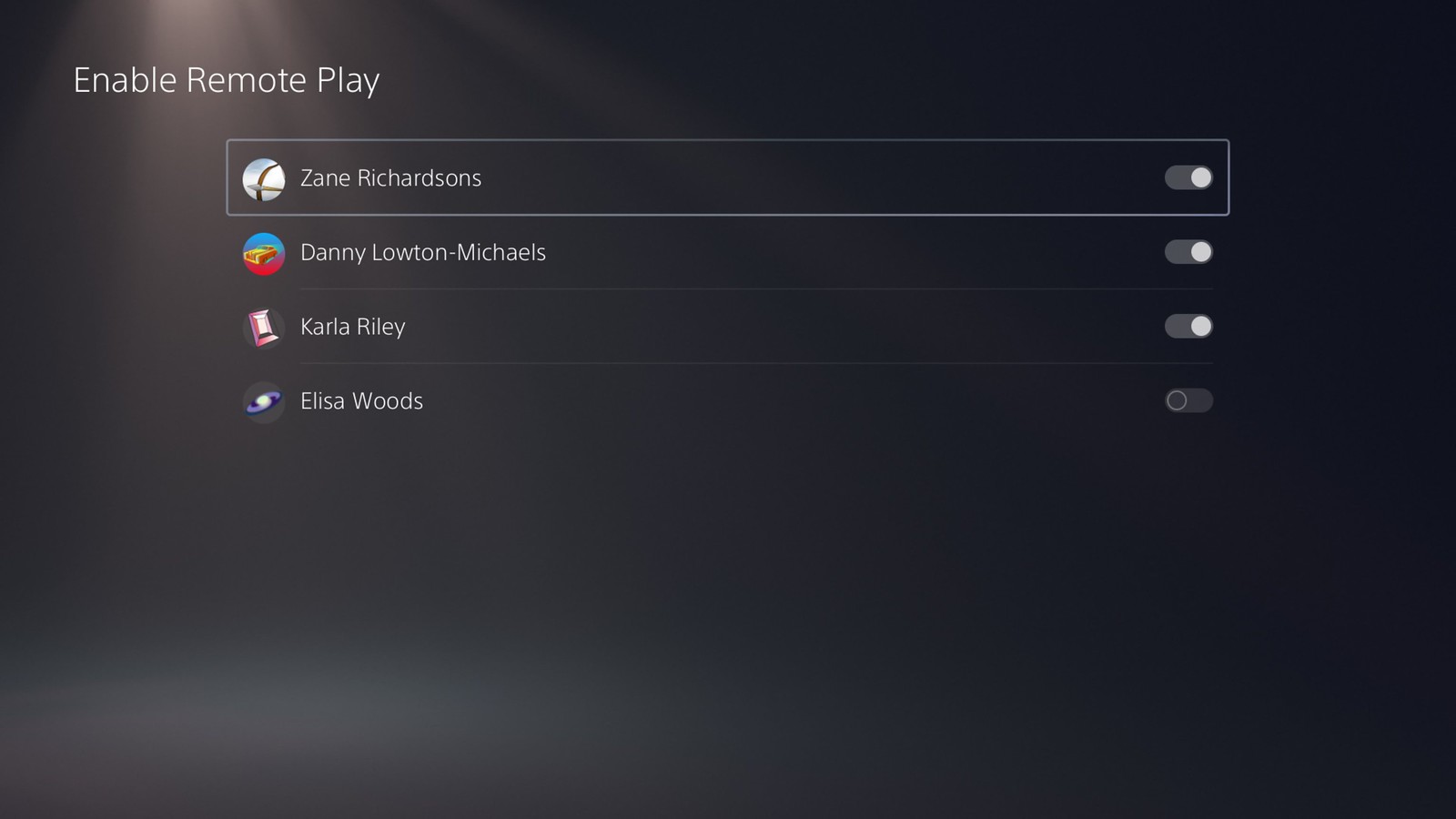 This menu is titled "Enable Remote Play" and lists user profiles with toggles to enable or disable Remote Play access individually. Profiles shown include names like Zane Richardsons, Danny Lowton-Michaels, Karla Riley, and Elisa Woods.